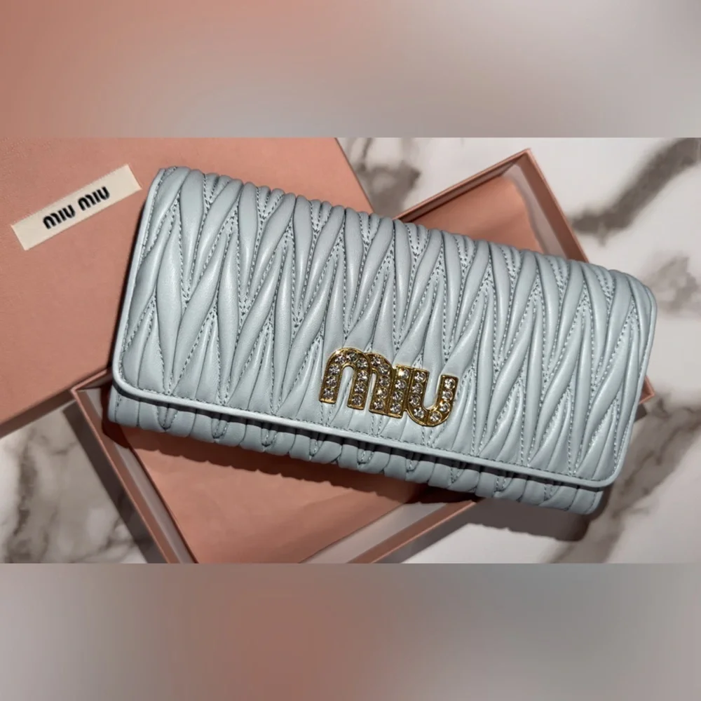 Miu Miu Matelasse Bifold Long Wallet Logo Leather Cielo Blue